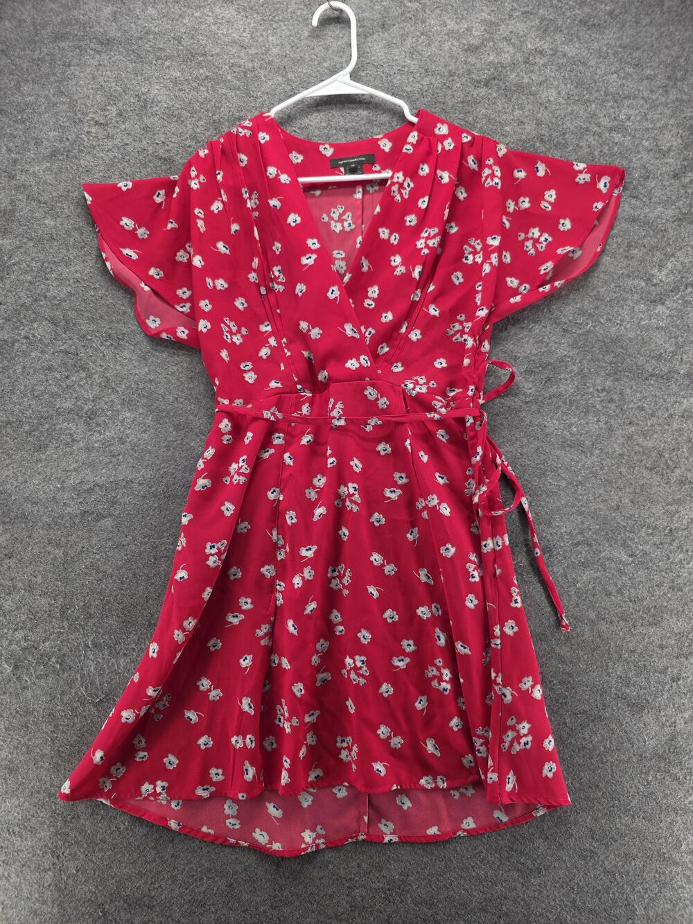 French Connection Dress Womens 10 Red Wrap Fit & Flare Hi-Low Floral V-Neck